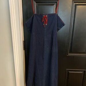 Stylish Blue Denim Dress with Red Accents